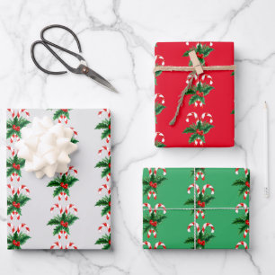 Christmas Candy Canes & Holly Wrapping Paper Sheets