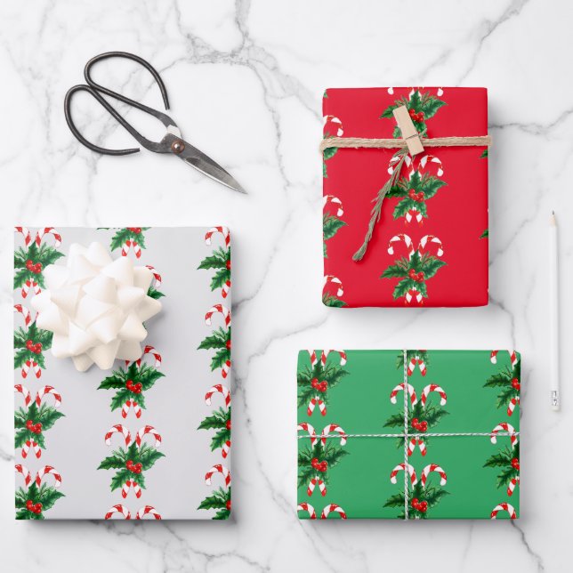 Christmas Candy Canes & Holly Wrapping Paper Sheets (Front)