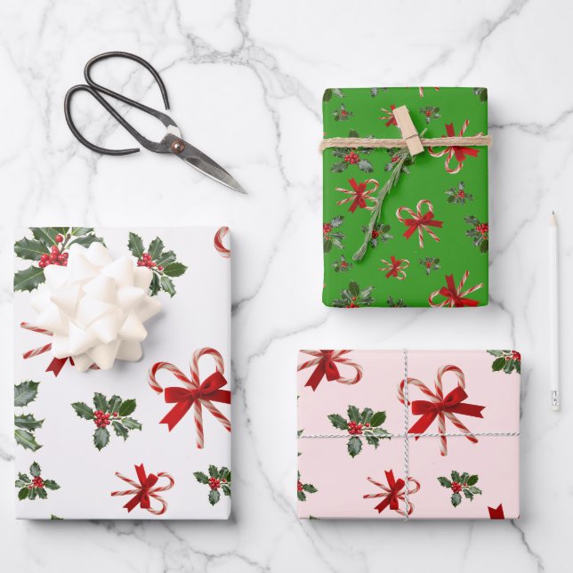 Christmas Candy Canes Pattern Wrapping Paper Sheets (Front)
