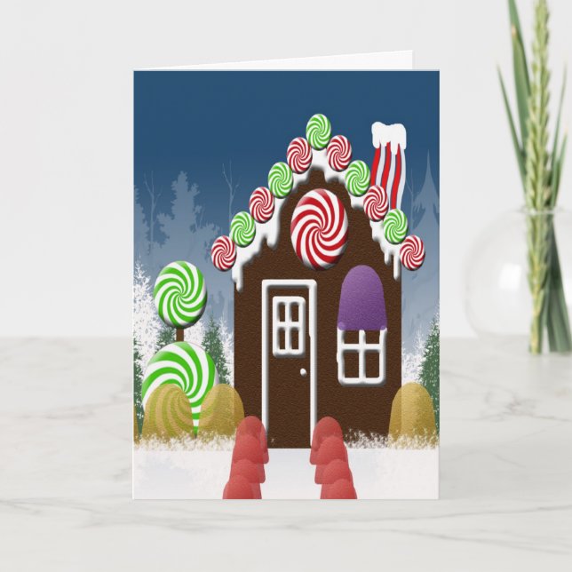 Christmas Candy Cozy Cabin Gingerbread House Holiday Card (Front)