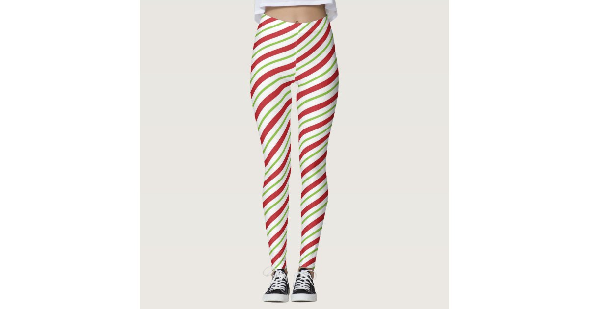 Christmas candy green white stripe leggings | Zazzle
