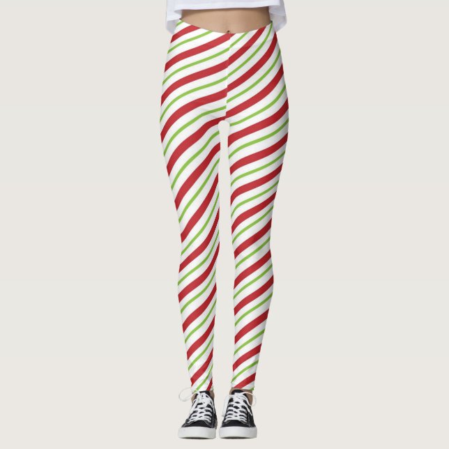 Christmas candy green white stripe leggings (Front)