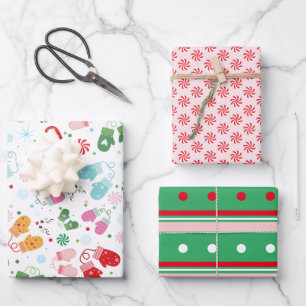 Christmas Candy Mittens Red Green Pink Pattern Wrapping Paper Sheets