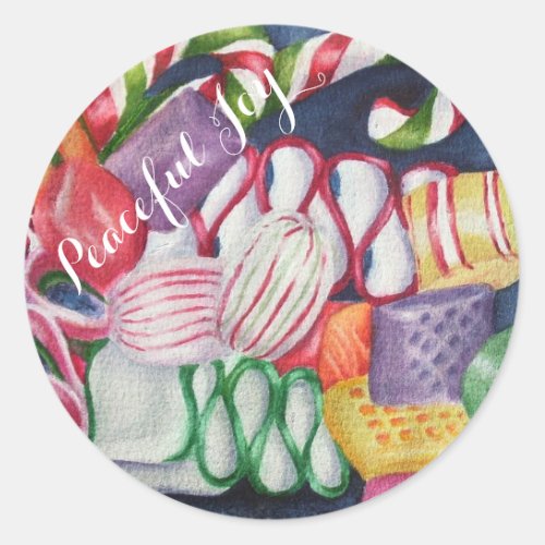 CHRISTMAS CANDY PEACEFUL JOY CLASSIC ROUND STICKER