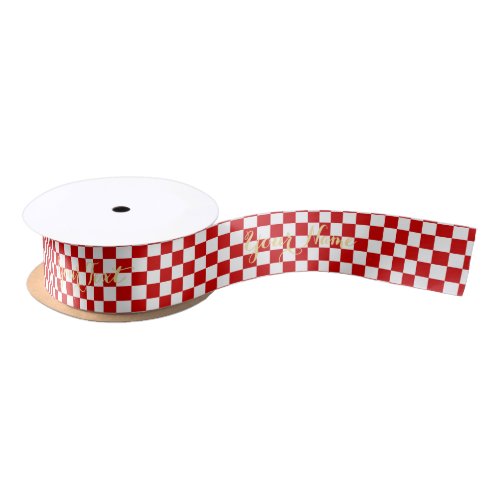 Christmas Candy Red White Checkered Pattern Text Satin Ribbon