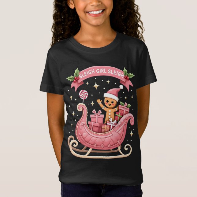 Christmas Candy Sleigh Girl Gingerbread Holiday T-Shirt (Front)