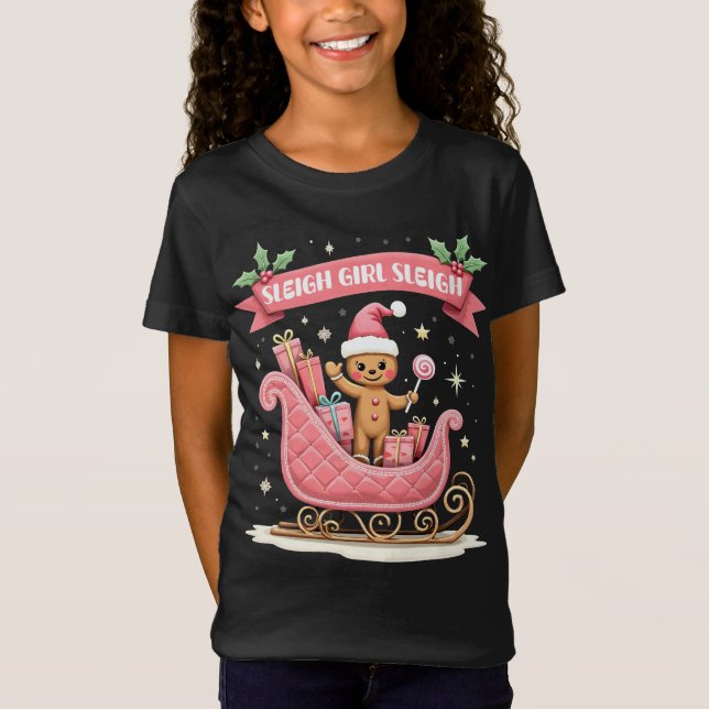 Christmas Candy Sleigh Girl Gingerbread Holiday T-Shirt (Front)