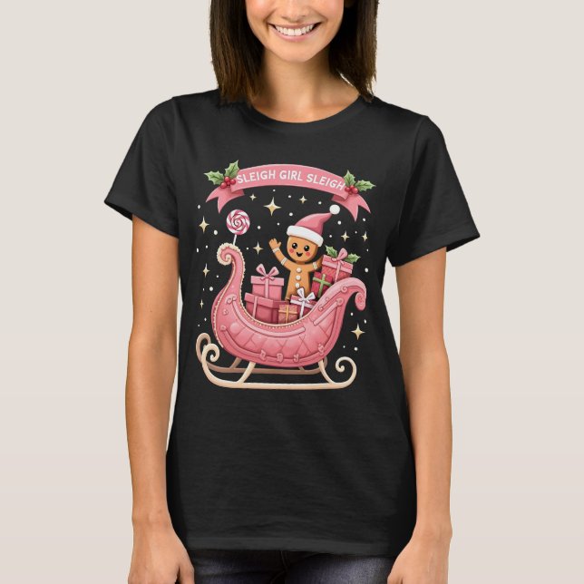 Christmas Candy Sleigh Girl Gingerbread Holiday T-Shirt (Front)