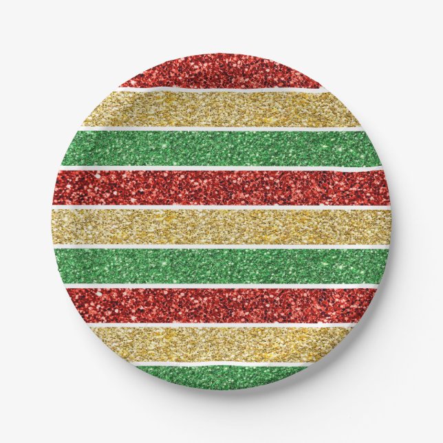 Christmas Candy Stripes Red Green Golden Yellow Paper Plates (Front)