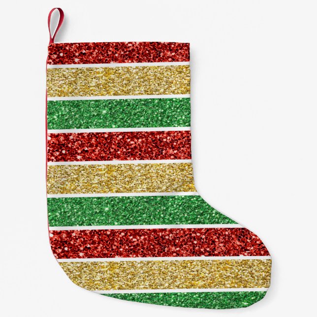 Christmas Candy Stripes Red Green Golden Yellow Small Christmas Stocking (Front)