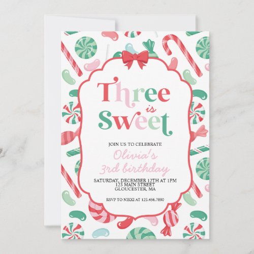 Christmas Candy Three is Sweet 3rd Birthday Invitation