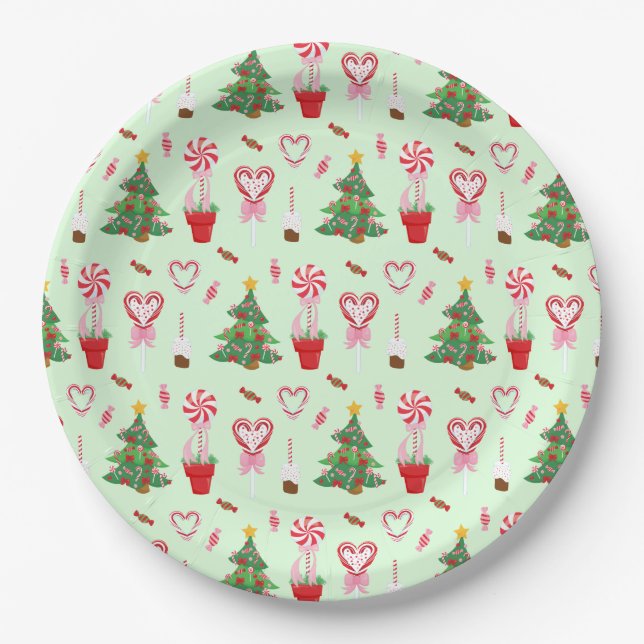 Christmas Candy Trees Pattern Paper Plates (Front)