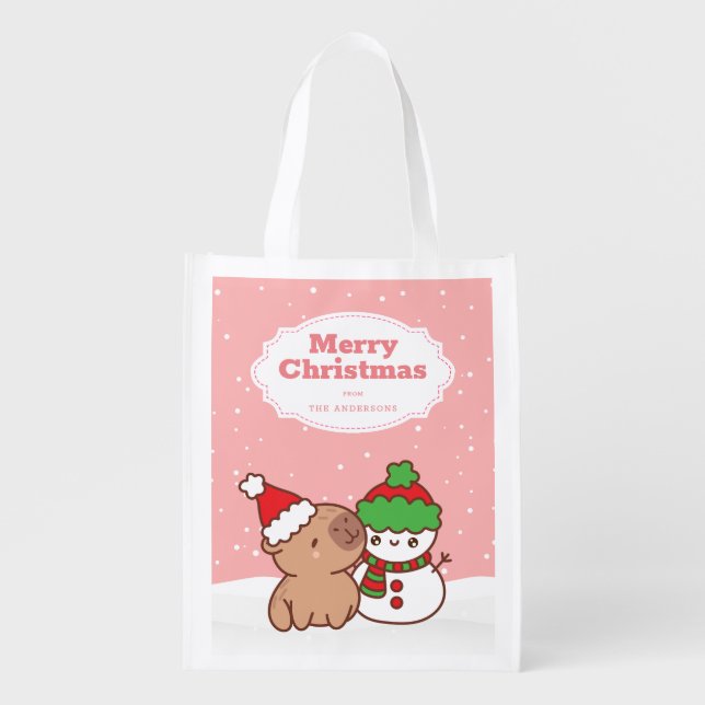 Christmas Capybara And Snowman Cute Grocery Bag (Front)