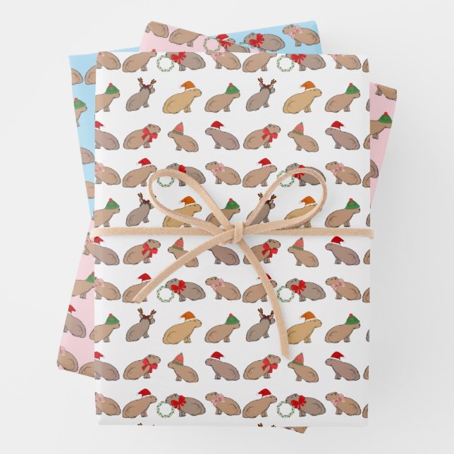 Christmas Capybara Cute Zoo Animal Hand-Drawn Wrapping Paper Sheets (In situ)