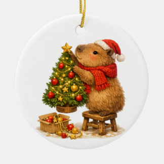 Christmas Capybara Decorating Tree Ceramic Ornament