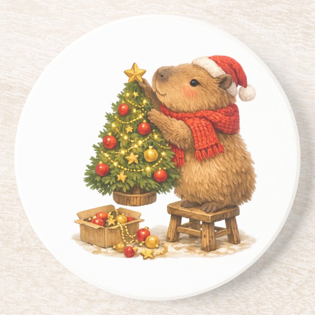 Christmas Capybara Decorating Tree Coaster (Front)