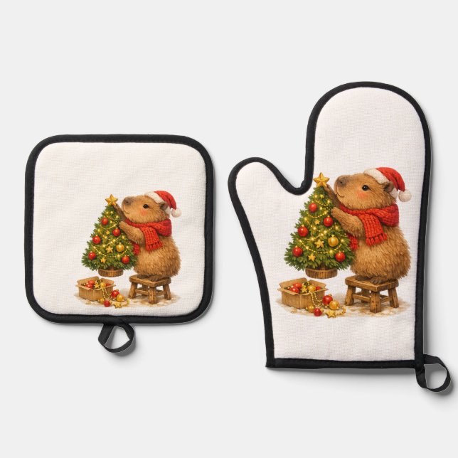 Christmas Capybara Decorating Tree Oven Mitt & Pot Holder Set (Front)