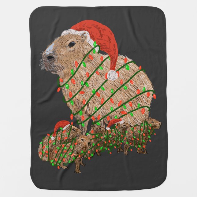 Christmas Capybara Family Wrapped in Lights  Baby Blanket (Front)