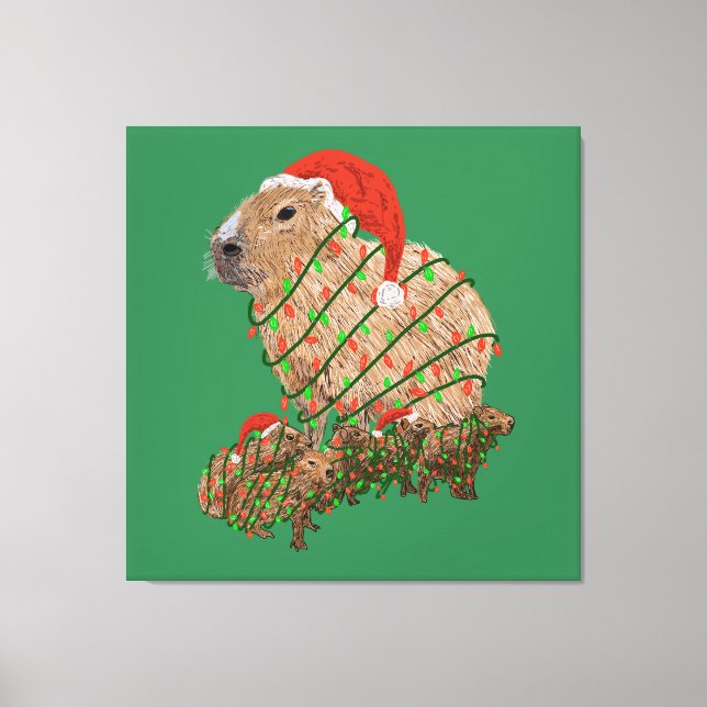 Christmas Capybara Family Wrapped in Lights Canvas Print (Front)