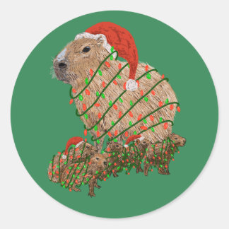Christmas Capybara Family Wrapped in Lights Classic Round Sticker
