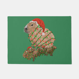 Christmas Capybara Family Wrapped in Lights Doormat