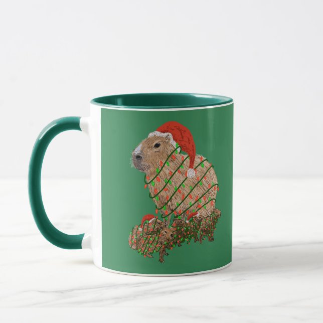 Christmas Capybara Family Wrapped in Lights Mug (Left)