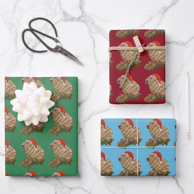 Christmas Capybara Family Wrapped in Lights Wrapping Paper Sheets (Front)