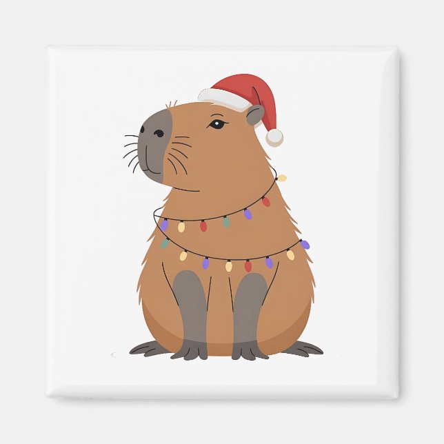 Christmas Capybara With Santa Hat Xmas Lights Magnet (Front)