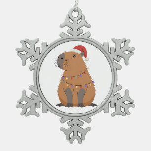 Christmas Capybara With Santa Hat Xmas Lights Snowflake Pewter Christmas Ornament