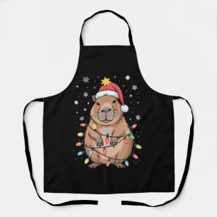 Christmas Capybara With Santa Hat Xmas Lights Tree Apron