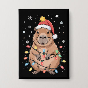 Christmas Capybara With Santa Hat Xmas Lights Tree Button