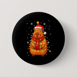 Christmas Capybara With Santa Hat Xmas Lights Tree Button