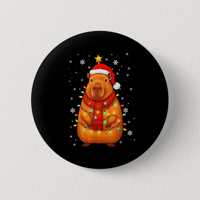 Christmas Capybara With Santa Hat Xmas Lights Tree Button (Front)