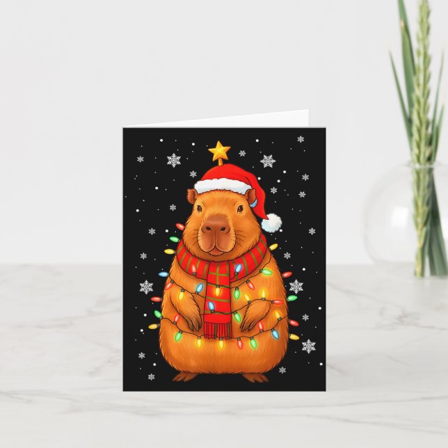 Christmas Capybara With Santa Hat Xmas Lights Tree Card (Front)