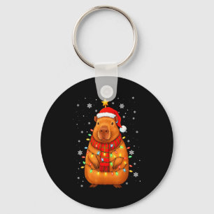 Christmas Capybara With Santa Hat Xmas Lights Tree Keychain