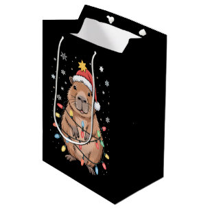 Christmas Capybara With Santa Hat Xmas Lights Tree Medium Gift Bag