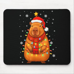 Christmas Capybara With Santa Hat Xmas Lights Tree Mouse Pad