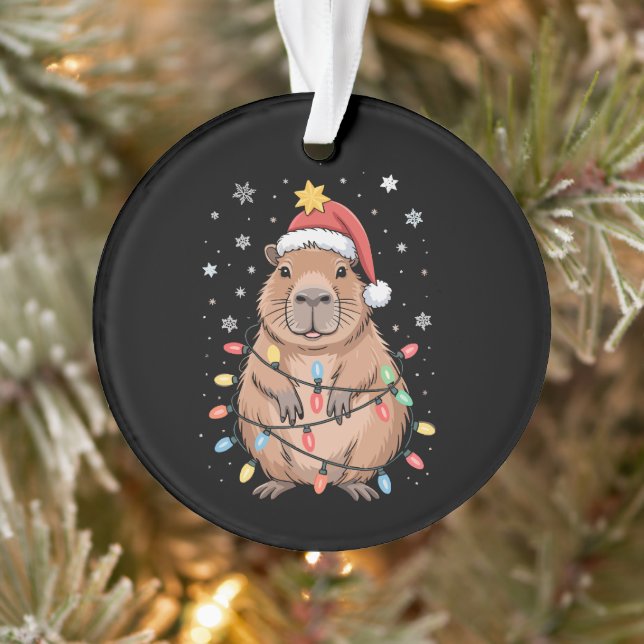 Christmas Capybara With Santa Hat Xmas Lights Tree Ornament (Tree)