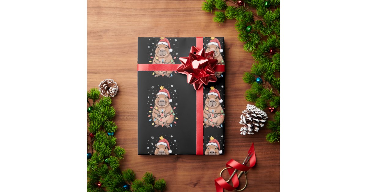 Christmas Capybara With Santa Hat Xmas Lights Tree Wrapping Paper | Zazzle