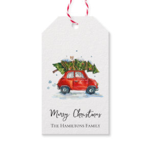 Christmas car and pines gift tags