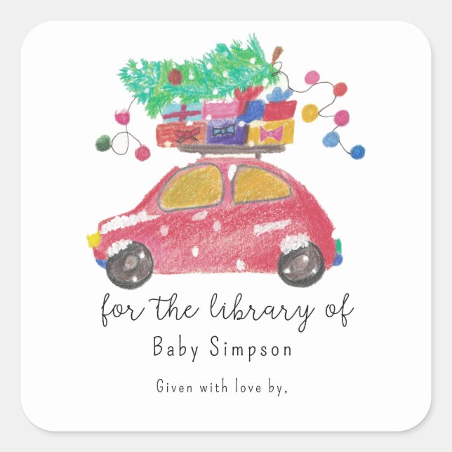 Christmas car - bookplate, books for baby square sticker (Front)