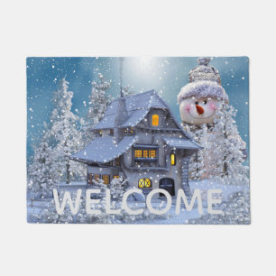 Christmas Car Decoration Winter White Snowman Blue Doormat
