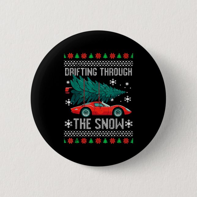 Christmas Car Drifting Through Snow Ugly Xmas Men  Button (Front)