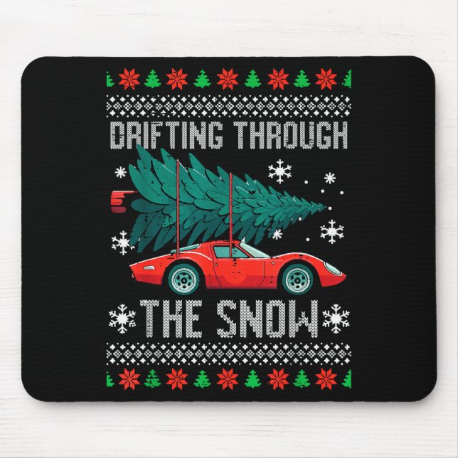Christmas Car Drifting Through Snow Ugly Xmas Men  Mouse Pad (Front)