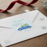 Christmas Car Moving Announcement Moving Classic Round Sticker<br><div class="desc">This design was created though digital art. It may be personalized in the area provided or customizing by choosing the click to customize further option and changing the name, initials or words. You may also change the text color and style or delete the text for an image only design. Contact...</div>