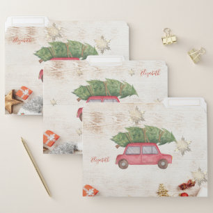 Christmas Car Pine Tree,Wood ,Gold Snowflakes File Folder