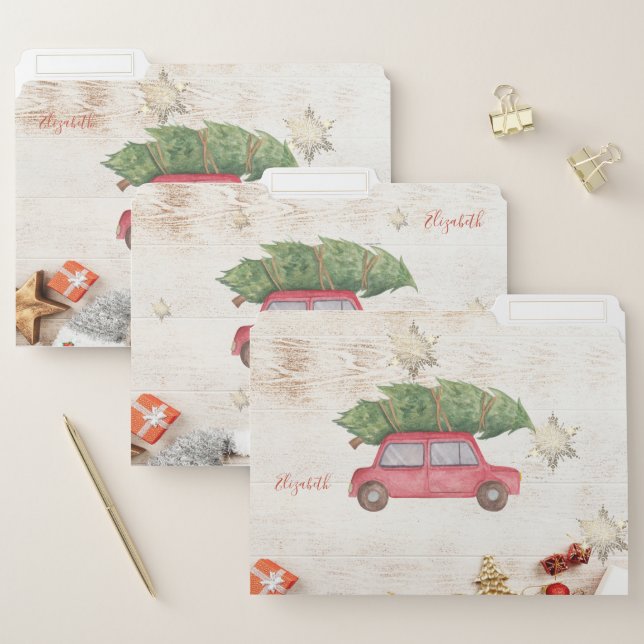 Christmas Car Pine Tree,Wood ,Gold Snowflakes File Folder (Set)