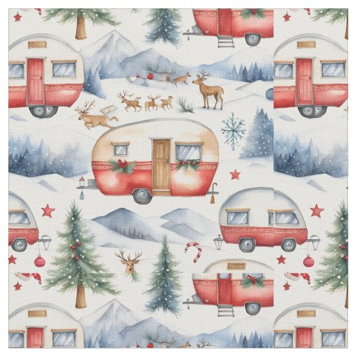 Christmas Caravan, Snow, Deer Fabric