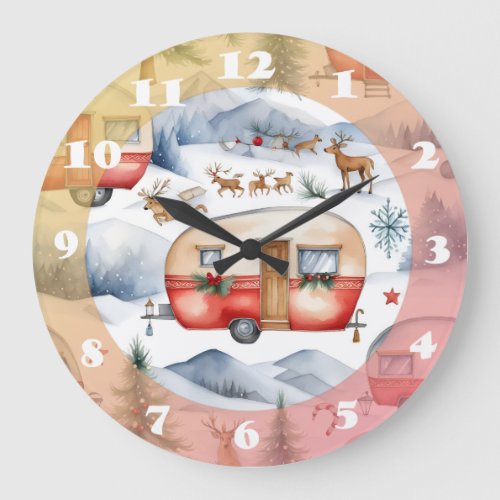 Christmas Caravan Snow Deer Large Clock