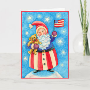 Christmas Card: American Santa Claus with Flag Holiday Card